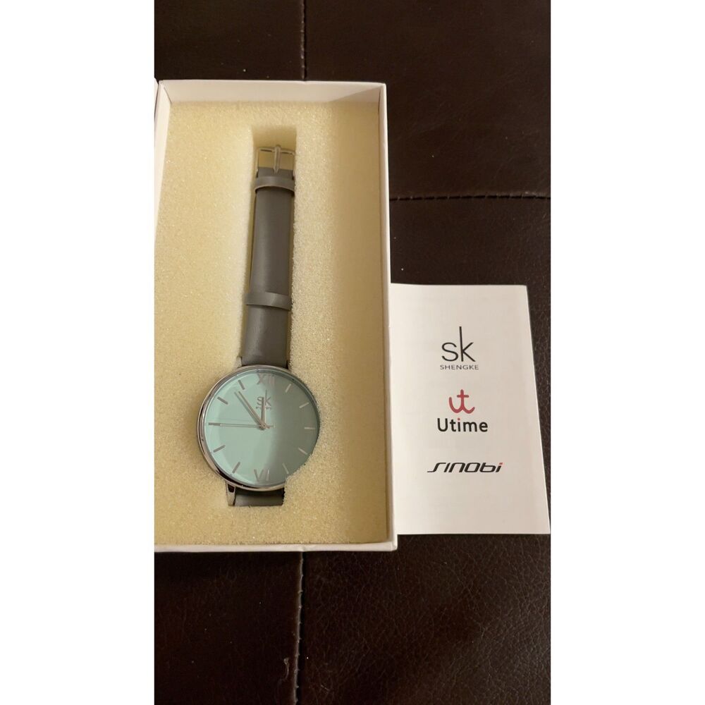 Shengke SK Women’s Quartz Watch Mint Green Dial Gray Strap Minimalist New Box